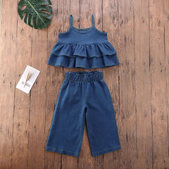 Blue Sleeveless Ruffled Vest Tank Denim Top With Pants From 9 Months-5 Years