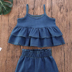 Blue Sleeveless Ruffled Vest Tank Denim Top With Pants From 9 Months-5 Years