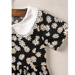 Black Base Half Sleeves Flower Printed Frock From 2-6 Years