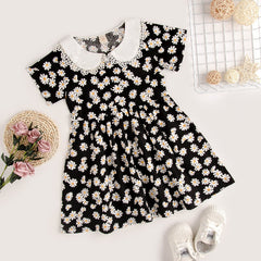 Black Base Half Sleeves Flower Printed Frock From 2-6 Years