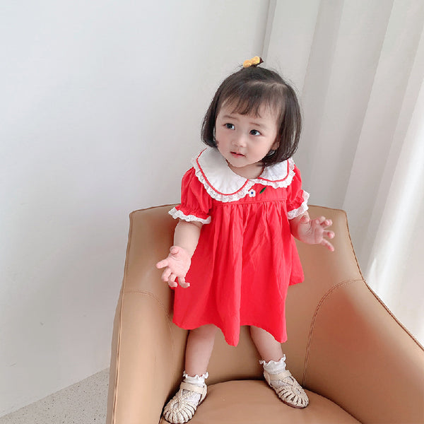 Red Half Sleeves Peter Pan Collared Neck Frock
 From 1-4 years