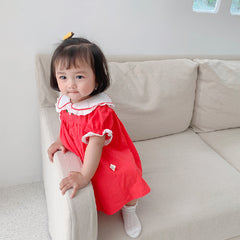 Red Half Sleeves Peter Pan Collared Neck Frock
 From 1-4 years