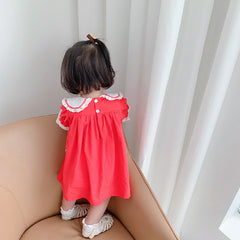 Red Half Sleeves Peter Pan Collared Neck Frock
 From 1-4 years