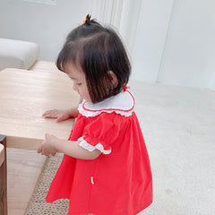 Red Half Sleeves Peter Pan Collared Neck Frock
 From 1-4 years