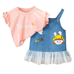 Princess Print Top With Cartoon Print Denim Dungaree Set From 6 Months-4 Years