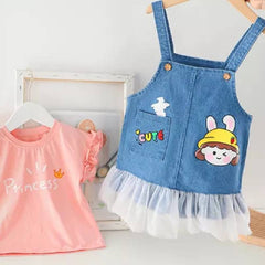 Princess Print Top With Cartoon Print Denim Dungaree Set From 6 Months-4 Years