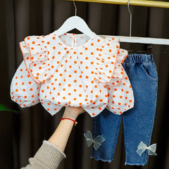 Flutter Full Sleeves Polka Dot Top With Bow-Knot Denim Pants From 3 Months- 4 years