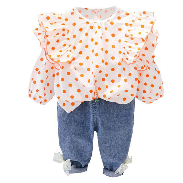 Flutter Full Sleeves Polka Dot Top With Bow-Knot Denim Pants From 3 Months- 4 years