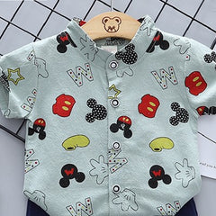 Cartoon Print Front Button Half Sleeves Shirt With Shorts From 9 Months-4 Years