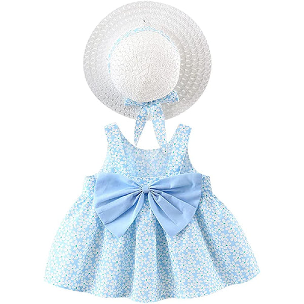 Aqua Blue Sleeveless Flower Print Bow Attached Frock With Hat From 9 Months-4 Years