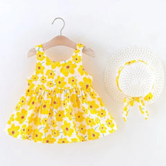 Sleeveless Floral Print Bow Attached Frock With Hat From 9 Months-4 Years