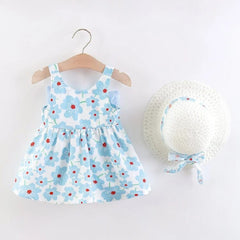 Sleeveless Floral Print Bow Attached Frock With Hat From 9 Months-4 Years