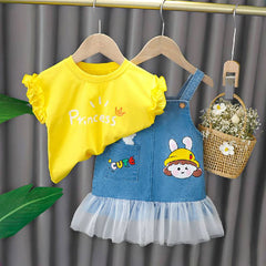 Princess Print Top With Cartoon Print Denim Dungaree Set From 6 Months-4 Years