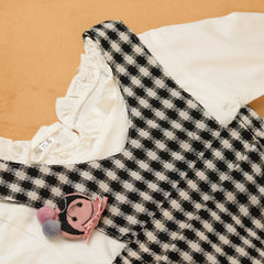 Full Sleeves Stitching Plaid Fake Two-Piece Dress With Detachable Cartoon Face Brooch From 3 Months-3 Years