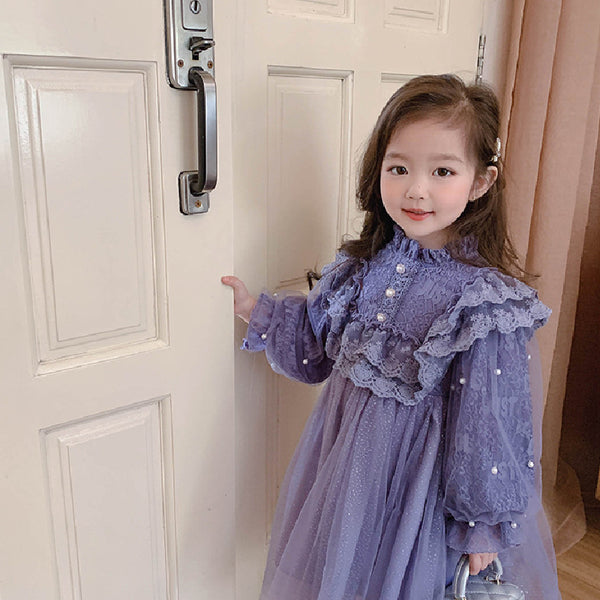 Purple Frilly Full Sleeves Floral Lace Applique Pearl Detailing Dress From 1-7 years