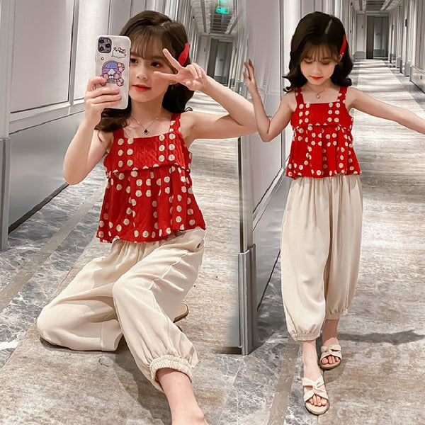 Red Sleeveless Polka Dot peplum Crop Top With Pants From 3-9 Years