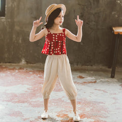 Red Sleeveless Polka Dot peplum Crop Top With Pants From 3-9 Years