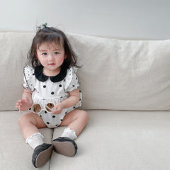 White n Black Polka Dot Flutter Sleeves Onesie With Headband From 6 Months-1 Year