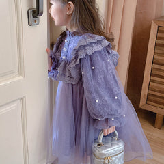 Purple Frilly Full Sleeves Floral Lace Applique Pearl Detailing Dress From 1-7 years