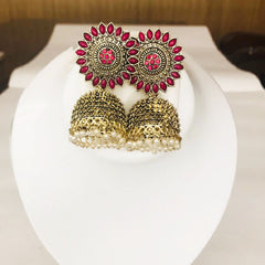 Pink-Gold plated Floral jhumkas earrings