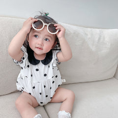 White n Black Polka Dot Flutter Sleeves Onesie With Headband From 6 Months-1 Year