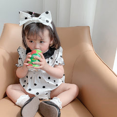 White n Black Polka Dot Flutter Sleeves Onesie With Headband From 6 Months-1 Year