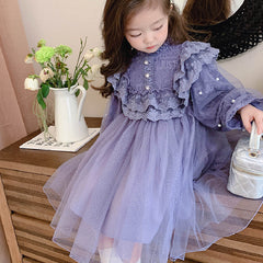 Purple Frilly Full Sleeves Floral Lace Applique Pearl Detailing Dress From 1-7 years