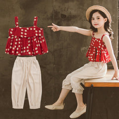 Red Sleeveless Polka Dot peplum Crop Top With Pants From 3-9 Years