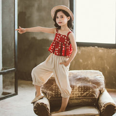 Red Sleeveless Polka Dot peplum Crop Top With Pants From 3-9 Years