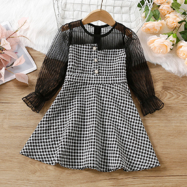 Black Full Puff Sleeves Checked Netted Frock From 1- 6 years