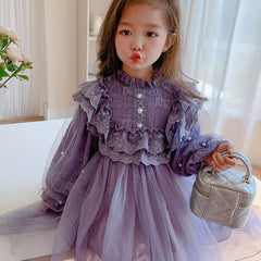 Purple Frilly Full Sleeves Floral Lace Applique Pearl Detailing Dress From 1-7 years