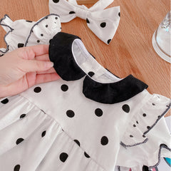 White n Black Polka Dot Flutter Sleeves Onesie With Headband From 6 Months-1 Year