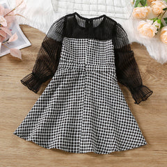 Black Full Puff Sleeves Checked Netted Frock From 1- 6 years