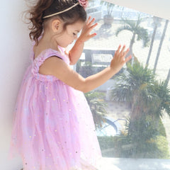 Off Shoulder Accordion Pleated with Corsage Applique Sequin Tulle  Dress From 9 Months-6 Years