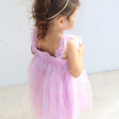 Off Shoulder Accordion Pleated with Corsage Applique Sequin Tulle  Dress From 9 Months-6 Years