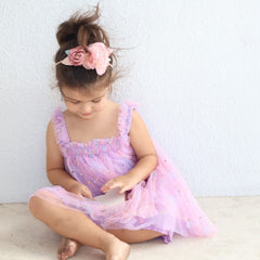 Off Shoulder Accordion Pleated with Corsage Applique Sequin Tulle  Dress From 9 Months-6 Years