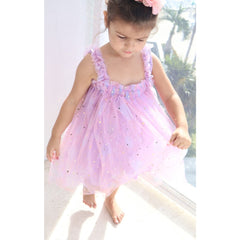 Off Shoulder Accordion Pleated with Corsage Applique Sequin Tulle  Dress From 9 Months-6 Years