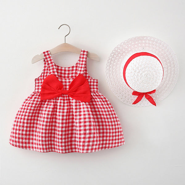 Sleeveless Checked Print Bow Attached Frock with Hat From 9 Months-4 Years