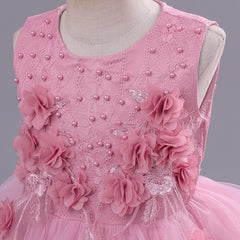 Pink Sleeveless 3D Floral Applique Layered Flared Frock Dress From 3 - 8 Years