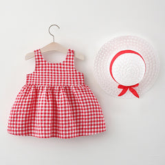 Sleeveless Checked Print Bow Attached Frock with Hat From 9 Months-4 Years