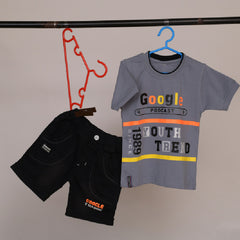 Half Sleeves Front & Back "GOOGLE" Text Printed T-Shirt With Black Denim  Shorts