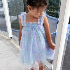 Off Shoulder Accordion Pleated with Corsage Applique Sequin Tulle  Dress From 9 Months-6 Years