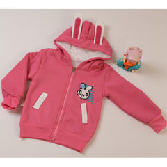 Velvety  Full Sleeves Rabbit Print Thick Warm Fleece Ear Hoodie With Joggers From 9 Months-4 Years