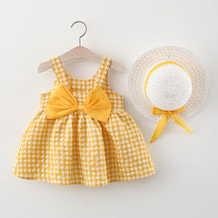 Sleeveless Checked Print Bow Attached Frock with Hat From 9 Months-4 Years