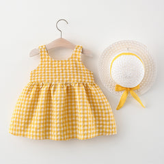 Sleeveless Checked Print Bow Attached Frock with Hat From 9 Months-4 Years