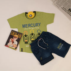 Half Sleeves Front & Back "MERCURY" Text Printed T-Shirt With Dark Blue Denim Shorts