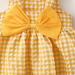 Sleeveless Checked Print Bow Attached Frock with Hat From 9 Months-4 Years