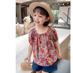 Cap sleeves Floral Print Off Shoulder Top With Denim Shorts From 2-7 Years