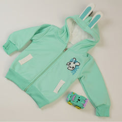 Velvety  Full Sleeves Rabbit Print Thick Warm Fleece Ear Hoodie With Joggers From 9 Months-4 Years