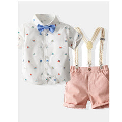 White Half Sleeves Vehicle Printed Bow Shirt With Suspender Pink Shorts From 1-6 Years